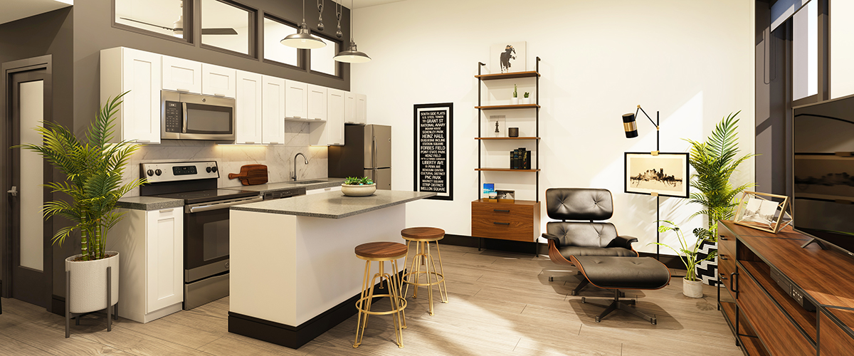 Modern Apartment Kitchen and Living Room - Millcraft Investments